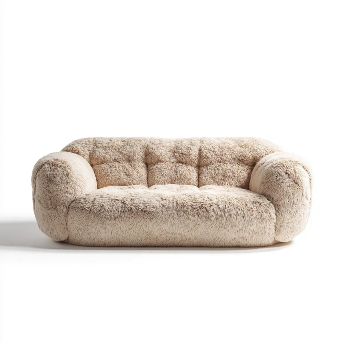 Divano 2 posti beige 180 x 95 x 78 cm in poliestere a pelo lungo forma arrotondata