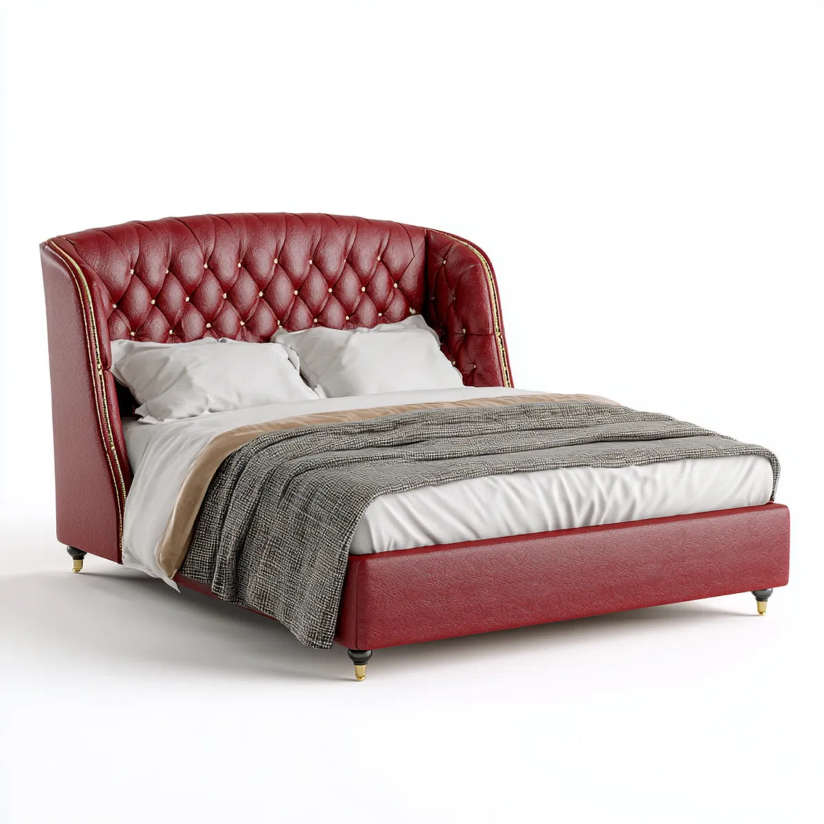 Letto matrimoniale imbottito rosso 160 x 200 cm con testiera capitonné in poliuretano rettangolare