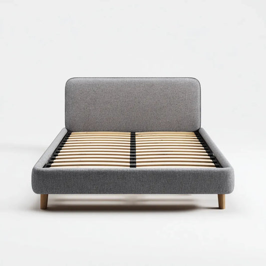 Letto matrimoniale imbottito grigio 160 x 200 cm in poliestere con rete a doghe e testiera rettangolare
