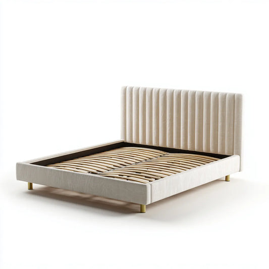 Letto matrimoniale imbottito beige 160 x 200 cm in velluto di poliestere con rete a doghe e testiera rettangolare
