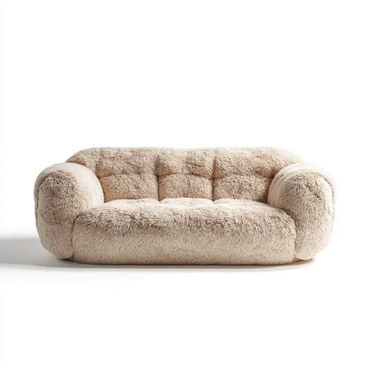 Divano 2 posti beige 180 x 95 x 78 cm in poliestere a pelo lungo forma arrotondata